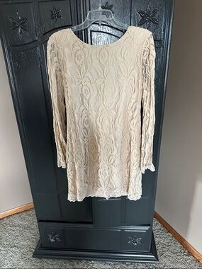 Lace Long-Sleeve Dress Beige